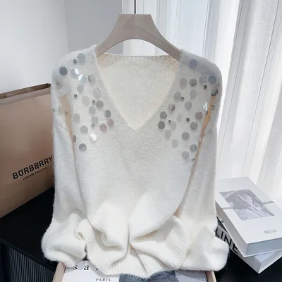 Heavy Embroidery Sequins Diamond V Neck Pullover Lazy Sweater White - Shop at LoveMi