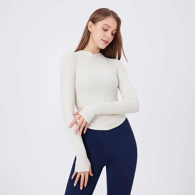 Small Waist Half Zipper Yoga Clothes Women's Workout Clothes Sports Top Pilates Training Wear Long Sleeve Blouse Autumn Milk Apricot - Shop at LoveMi