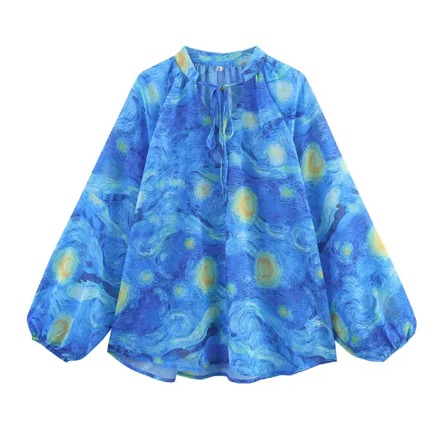 Design In Stock Starry Sky Printed Chiffon Shirt Blue - Shop at LoveMi