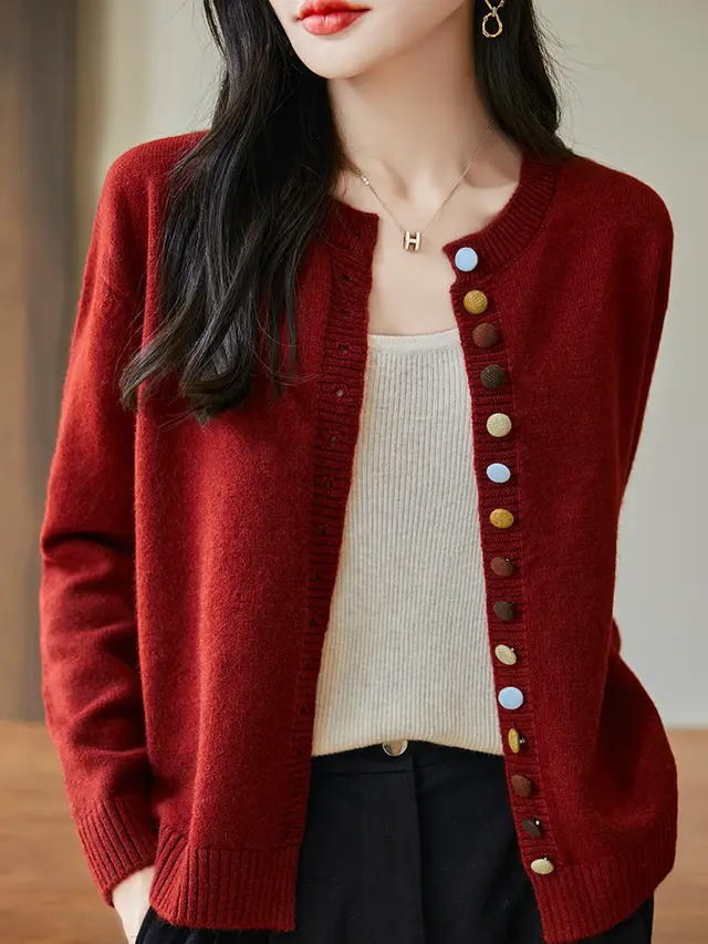 Women's Loose Soft And Age reducing Simple Casual Jacket With Colorful Buttons Angora Red - Shop at LoveMi