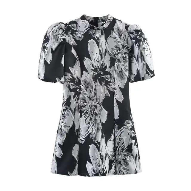 Fashion Hem Jacquard Puff Sleeve Dress Short Elegant Women Black - Shop at LoveMi