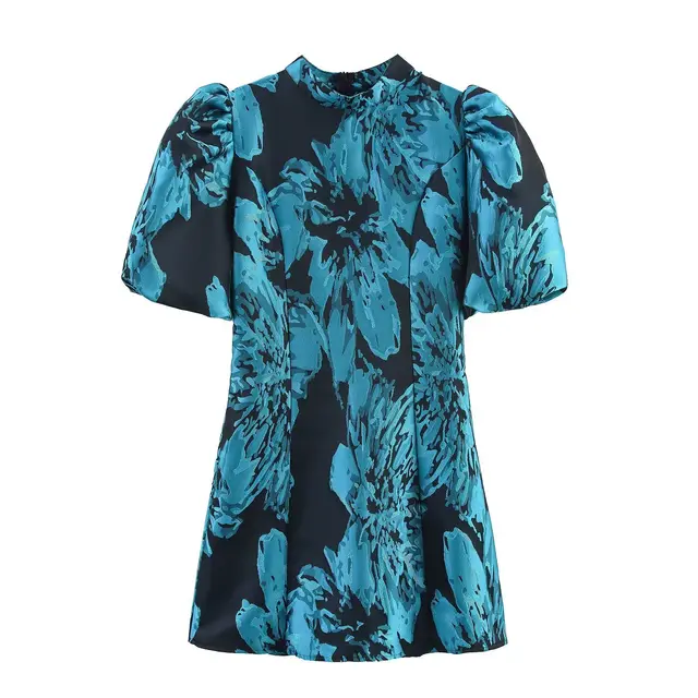 Fashion Hem Jacquard Puff Sleeve Dress Short Elegant Women Blue - Shop at LoveMi
