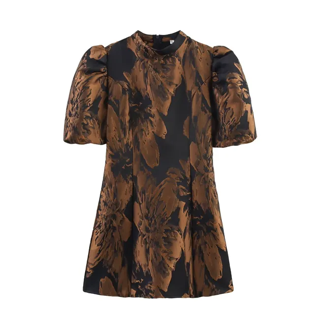 Fashion Hem Jacquard Puff Sleeve Dress Short Elegant Women Brown - Shop at LoveMi