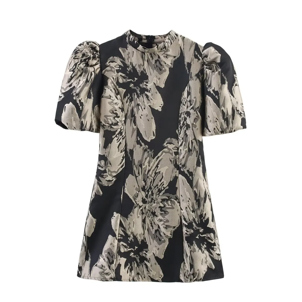 Fashion Hem Jacquard Puff Sleeve Dress Short Elegant Women - Dark Khaki Cloth Colour