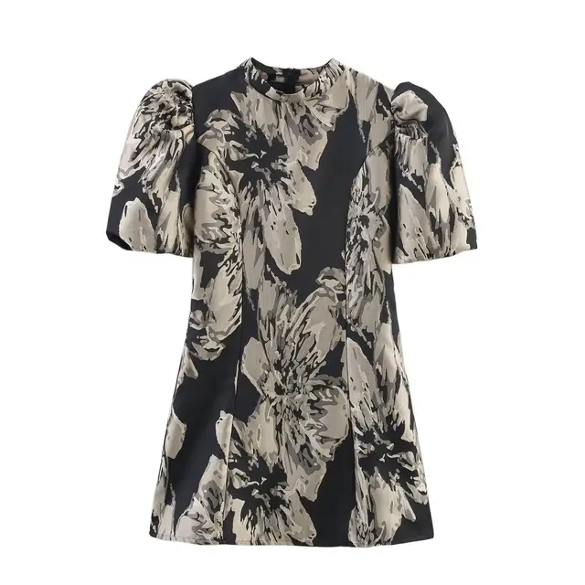 Fashion Hem Jacquard Puff Sleeve Dress Short Elegant Women Dark Khaki Cloth Color - Shop at LoveMi