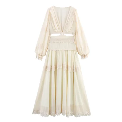 French Fashion Design Heavy Industry Deep V French Style Stitching Lace Long Dress Light Yellow - Shop at LoveMi