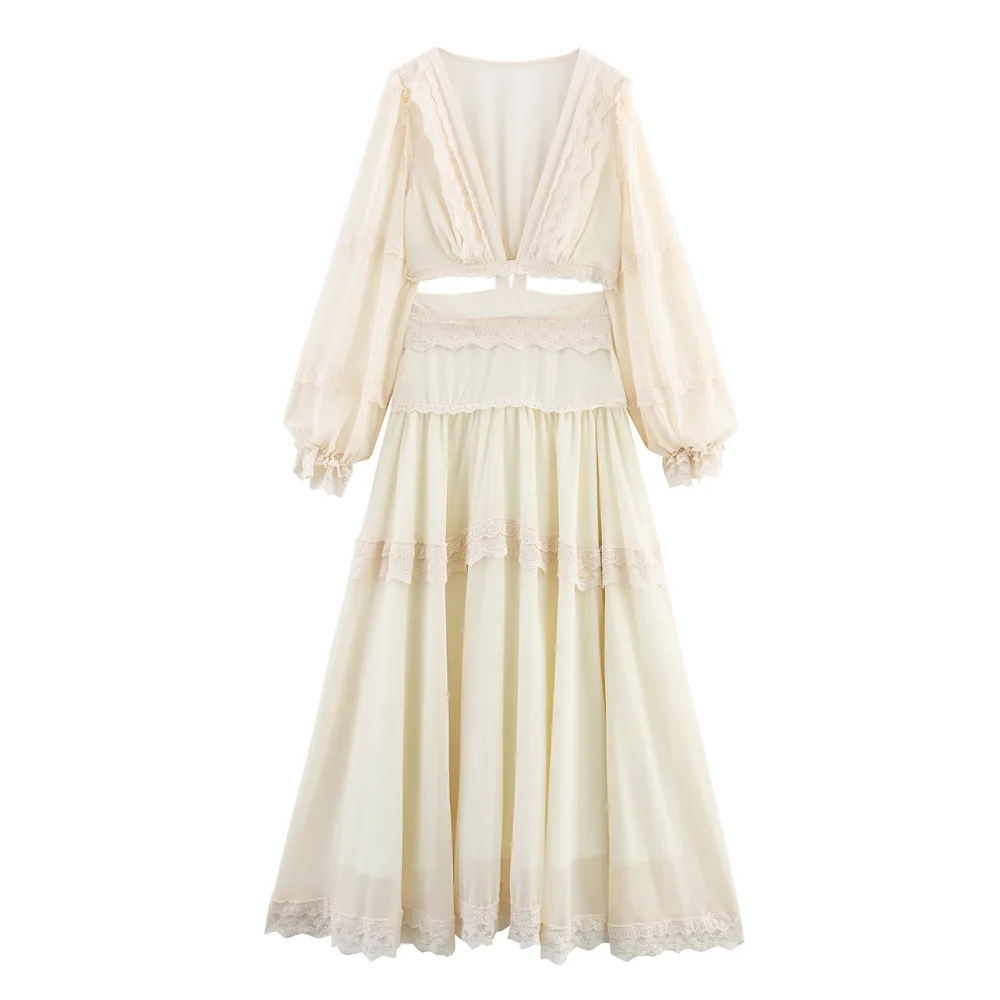 French Fashion Design Heavy Industry Deep V French Style Stitching Lace Long Dress Light Yellow - Shop at LoveMi