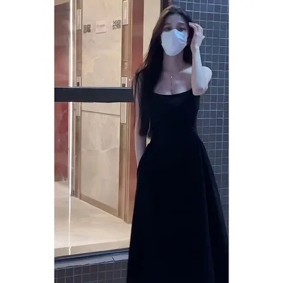 New Strap Sleeveless French Style Small First Love Waist slimming Long Dress Black - Shop at LoveMi