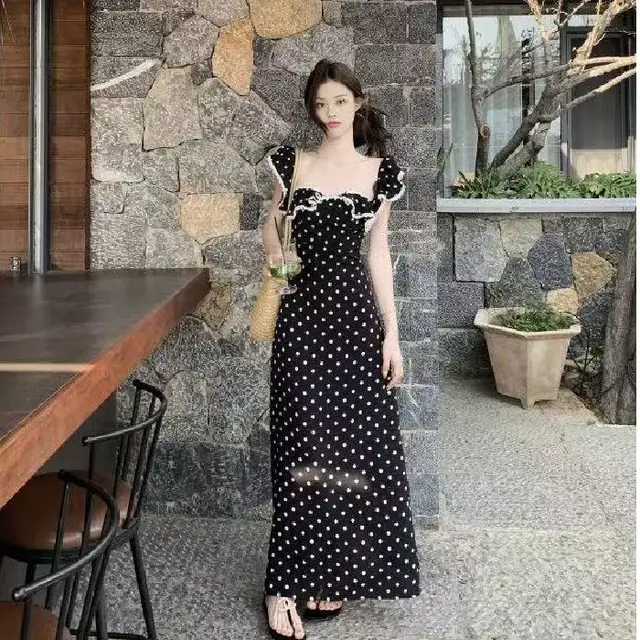 Square Collar No Back Summer Lace Flounced Sleeve A Line Dot Dress Black - Shop at LoveMi