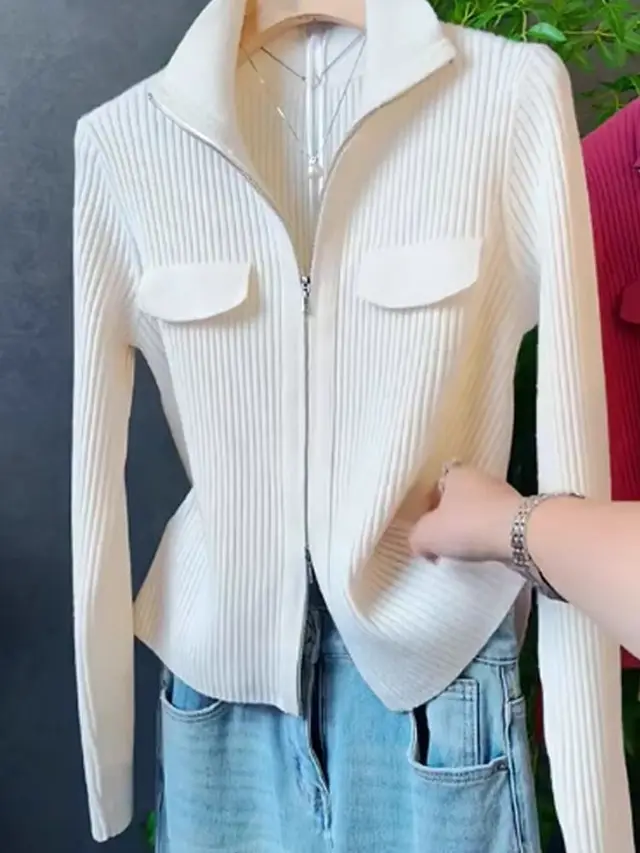Polo Collar Solid Color Sweater All match Long Sleeve White - Shop at LoveMi
