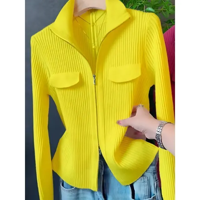 Polo Collar Solid Color Sweater All match Long Sleeve Yellow - Shop at LoveMi