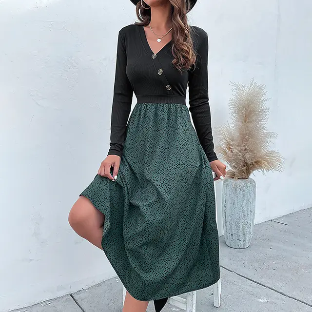 Spring And Summer Stitching A Line Long Sleeve Dress Dark Green - Shop at LoveMi