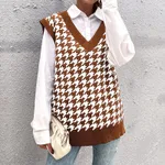 Loose Houndstooth V-neck Knitted Vest Women - Brown