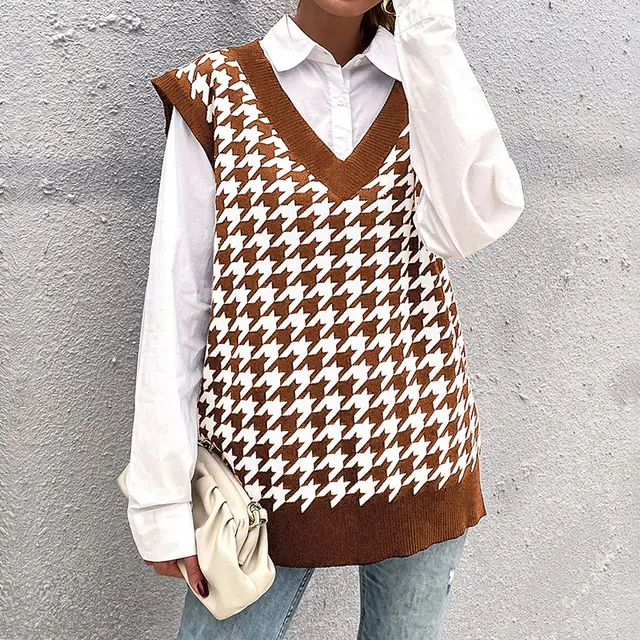 Loose Houndstooth V neck Knitted Vest Women Coffee Brown - Shop at LoveMi