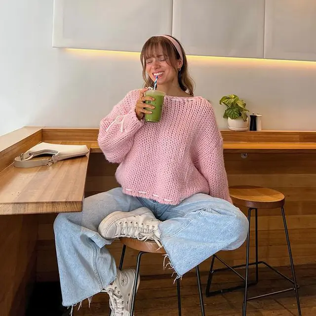 Women's Long sleeved Loose Sweater Top Pink - Shop at LoveMi