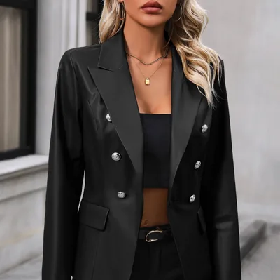 Women's Double Breasted Suit Motorcycle Leather Coat Black - Shop at LoveMi