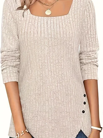 Solid Color Rib Fabric Square Collar Loose Long Sleeve Top Beige - Shop at LoveMi