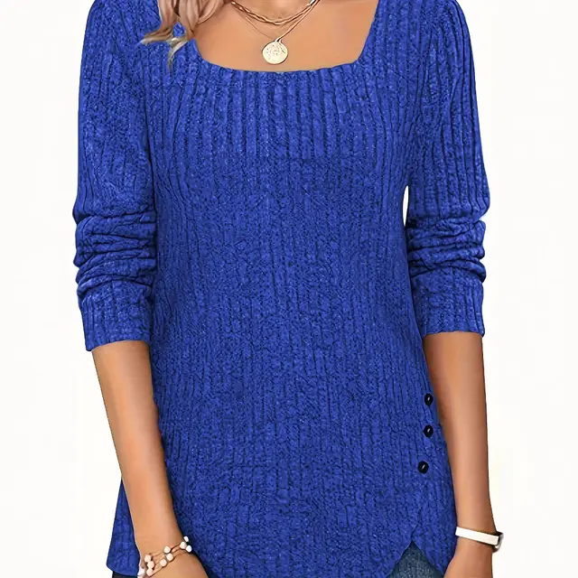 Solid Color Rib Fabric Square Collar Loose Long Sleeve Top Blue - Shop at LoveMi