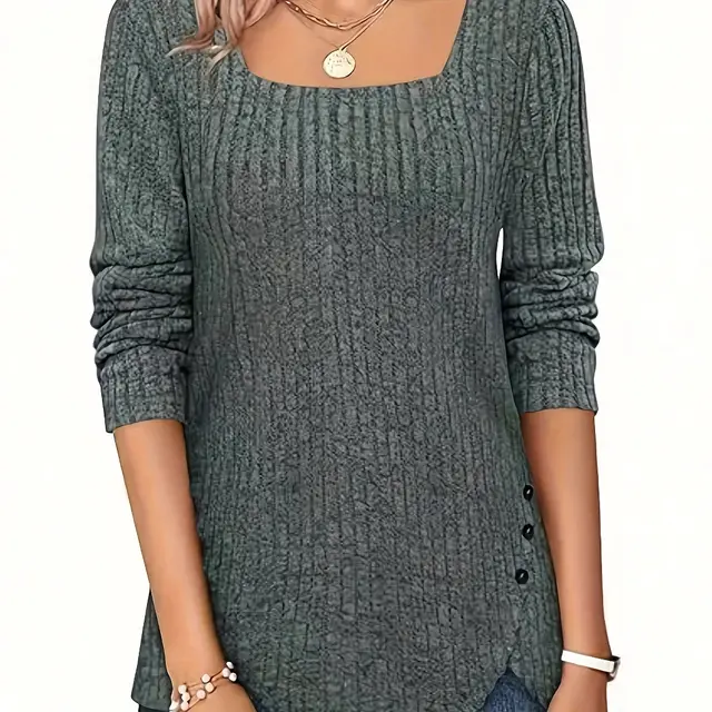 Solid Color Rib Fabric Square Collar Loose Long Sleeve Top Olive Green - Shop at LoveMi