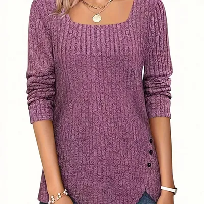 Solid Color Rib Fabric Square Collar Loose Long Sleeve Top Purplish Red - Shop at LoveMi