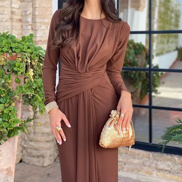 Clothing Long Elegant Pleated Dress Brown - Shop at LoveMi