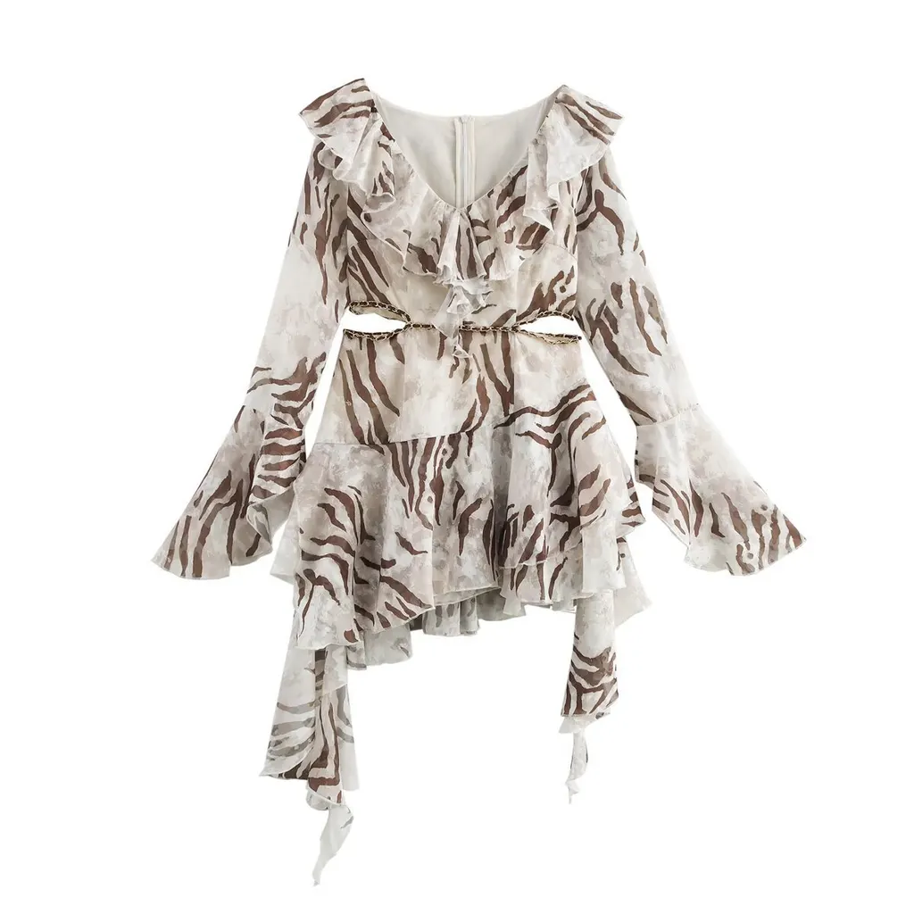 Chiffon Cut Flower Print Ruffled Long Sleeve Dress - Printing