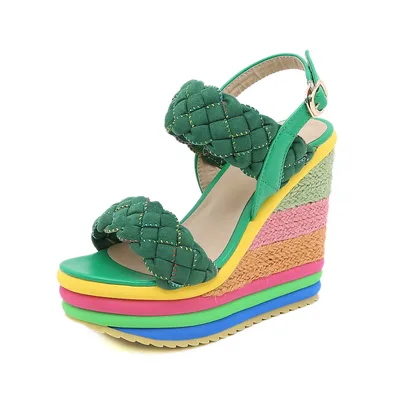 Super High Heel Sandals Rainbow Straw Muffin Candy Color Green - Shop at LoveMi