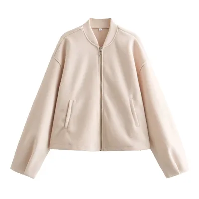 Autumn And Winter New Stand Collar Flight Jacket Cardigan Coat For Women Beige - Shop at LoveMi