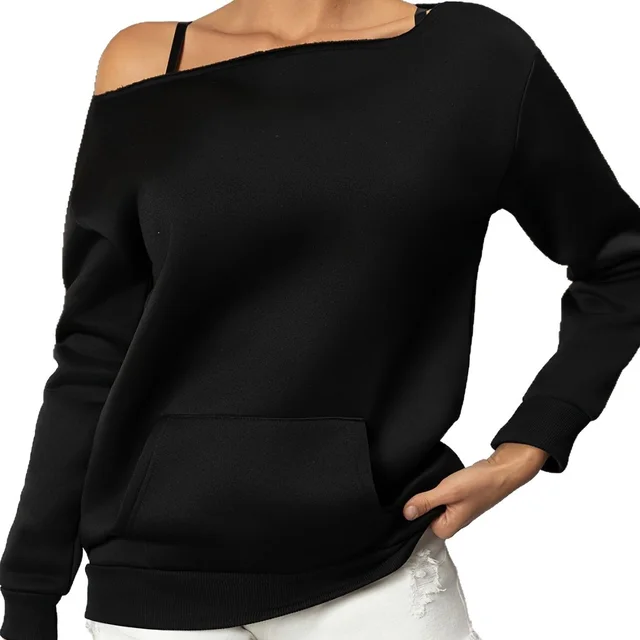 Long Sleeve Slant Shoulder American Thin style Gray Top Black - Shop at LoveMi