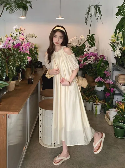 Autumn Loose Slimming Puff Sleeve Chiffon Dress Apricot - Shop at LoveMi