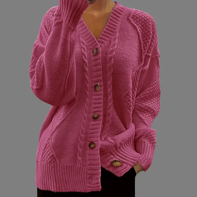 Autumn And Winter V neck Single Breasted Cross border Foreign Trade Cable knit Sweater Coat Carmine - Shop at LoveMi