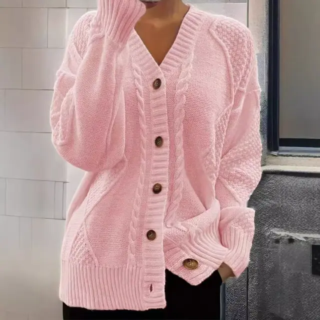 Autumn And Winter V neck Single Breasted Cross border Foreign Trade Cable knit Sweater Coat Pink - Shop at LoveMi