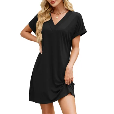 Solid Color And V neck Loose Short Sleeve Casual Dress Black - Shop at LoveMi