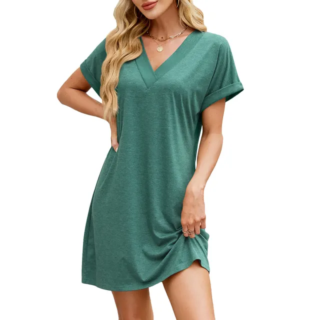 Solid Color And V neck Loose Short Sleeve Casual Dress Dark Green - Shop at LoveMi