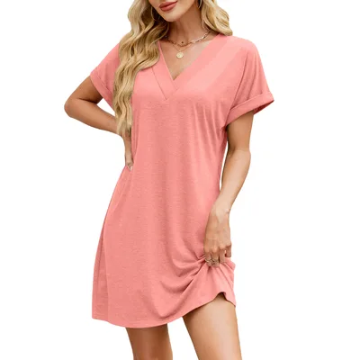 Solid Color And V neck Loose Short Sleeve Casual Dress Pink - Shop at LoveMi