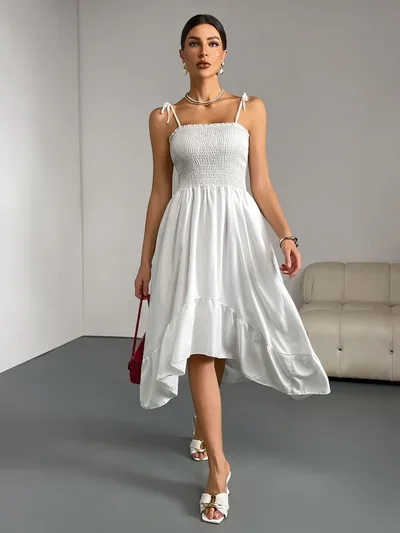 White Suspender Sleeveless Pleated Irregular Long Dress White - Shop at LoveMi