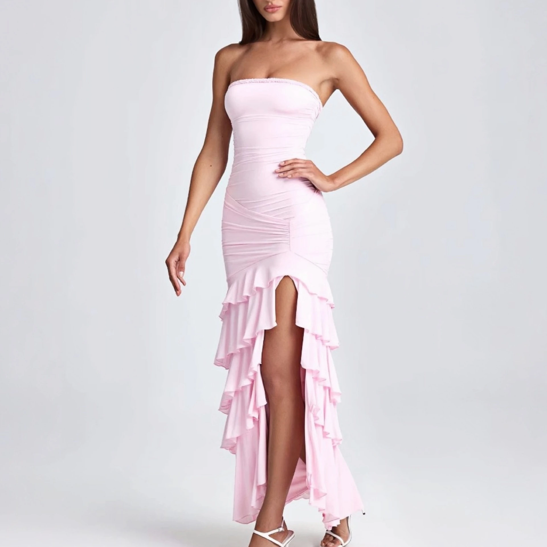 Chest-wrapped Pleated Slim Fit Patchwork Split Dress - Pink
