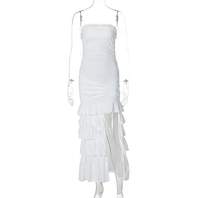 Chest wrapped Pleated Slim Fit Patchwork Split Dress White - Shop at LoveMi