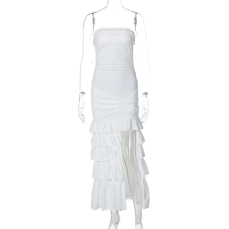 Chest-wrapped Pleated Slim Fit Patchwork Split Dress - White