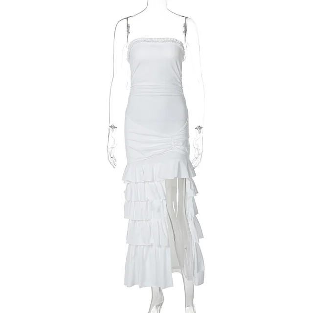 Chest-wrapped Pleated Slim Fit Patchwork Split Dress - White