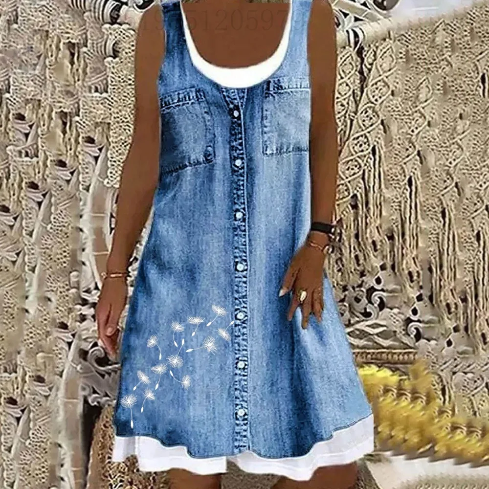 Fake Two Pieces Denim Printing Casual Dress Jlbxqg005 - Shop at LoveMi