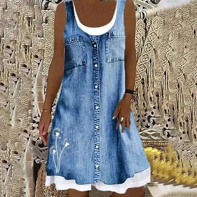 Fake Two Pieces Denim Printing Casual Dress Jlbxqg005 - Shop at LoveMi