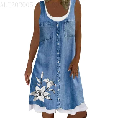 Fake Two Pieces Denim Printing Casual Dress Jlbxqg006 - Shop at LoveMi