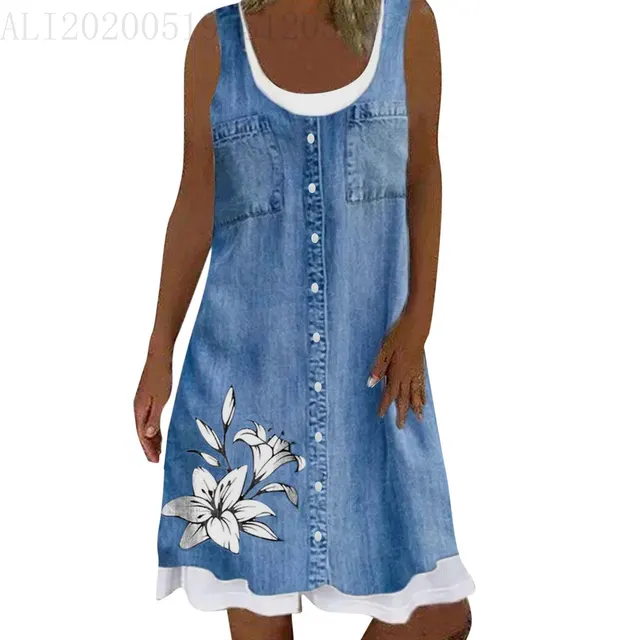 Fake Two Pieces Denim Printing Casual Dress Jlbxqg006 - Shop at LoveMi