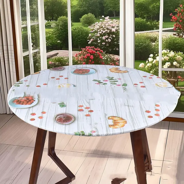 Elastic Edge Round Table Cover PVC Flannel Backing Rubber Tablecloth Light Gray Wood Grain - Shop at LoveMi