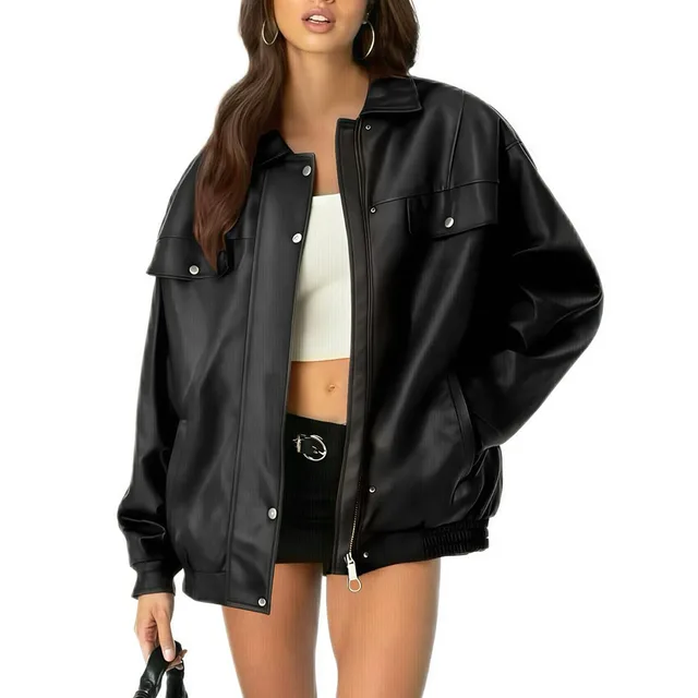Women's Leather Jacket Loose Long Sleeve Lapel Motorcycle Jacket Black - Shop at LoveMi