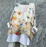 Women's Watercolor Floral Print Linen V-neck Long Sleeve Shirt - Colorful
