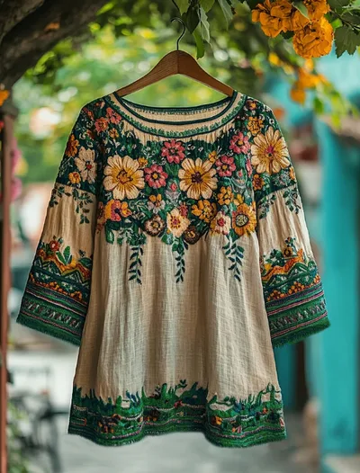 Women's Bohemian Vacation Floral Round Neck T shirt Green - Shop at LoveMi