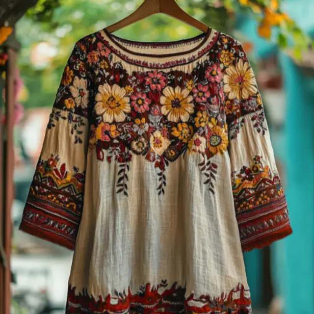 Women's Bohemian Vacation Floral Round Neck T shirt Red - Shop at LoveMi