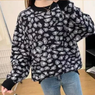 Leopard Jacquard Contrast Color Loose Thick Sweater Pullover Sweater Black And Gray - Shop at LoveMi